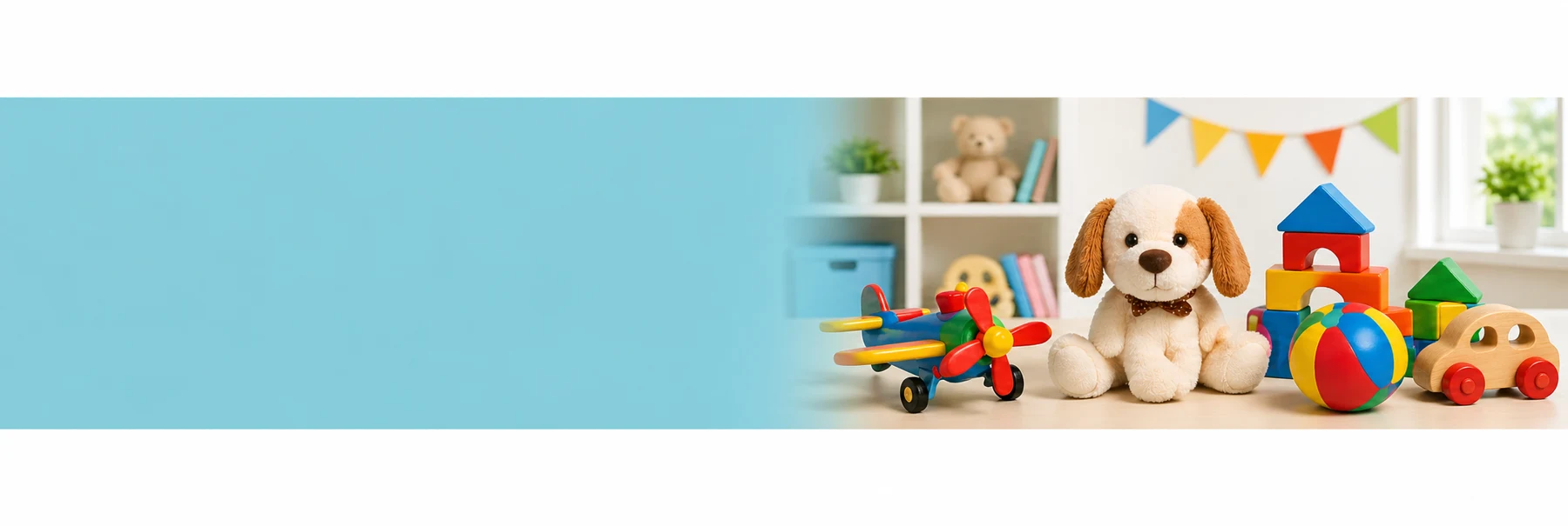 Peluches, bloques, un avión y otros juguetes de colores